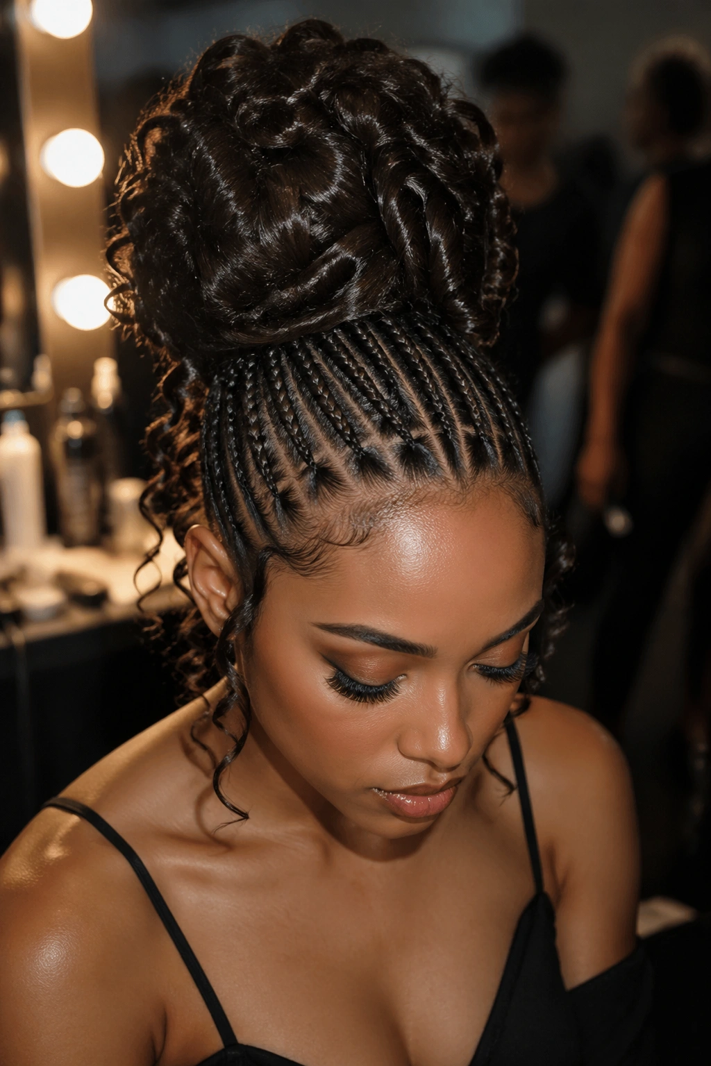 Close-up of a real woman with a dramatic oversized bun wrapped in curls and small cornrows.