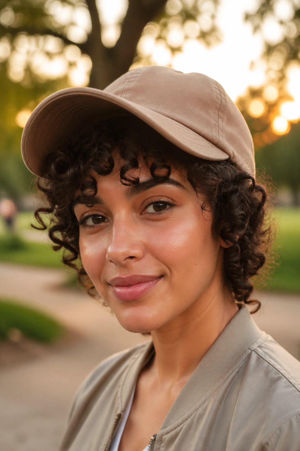 Close-up of a real person with hair tucked under an oversized cap.