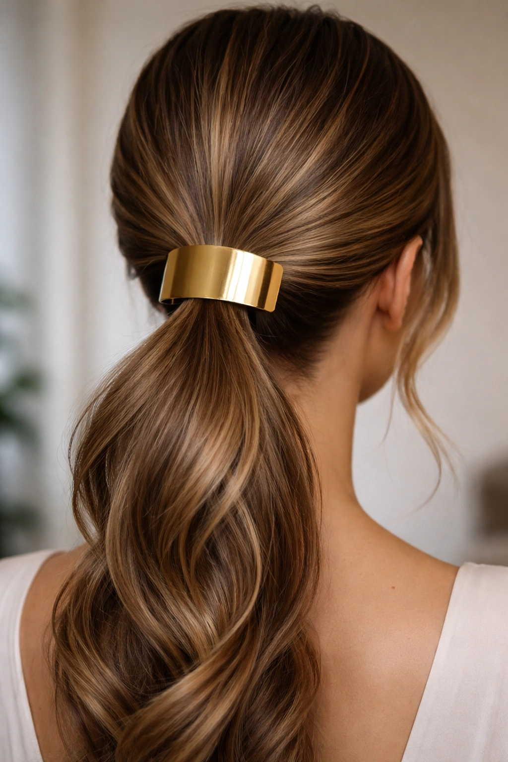 Back view of a low ponytail with a large clip at the base