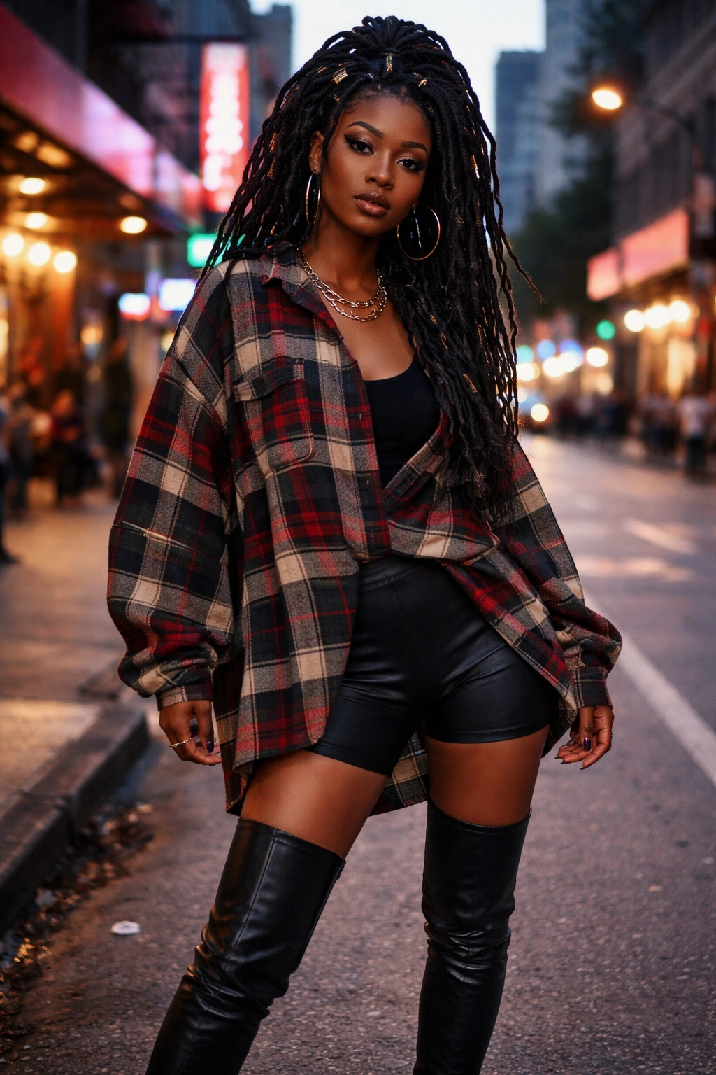 Woman in oversized flannel with biker shorts and thigh-highs on a city street at dusk.