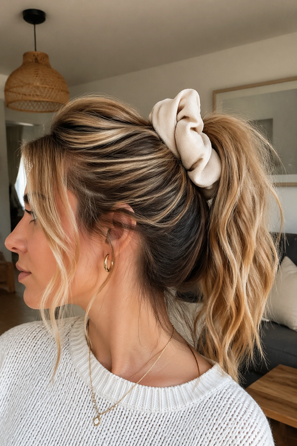 Close-up of a real woman with an oversized scrunchie ponytail