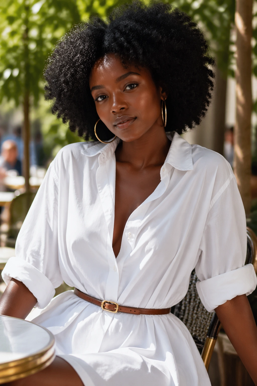 Portrait of a real woman wearing an oversized white shirt dress belted at the waist outdoors