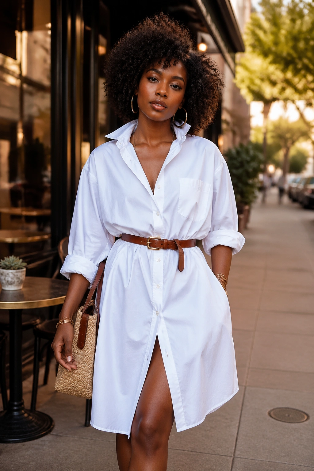 Real woman wearing an oversized shirt-dress belted, with natural curly hair in a city setting