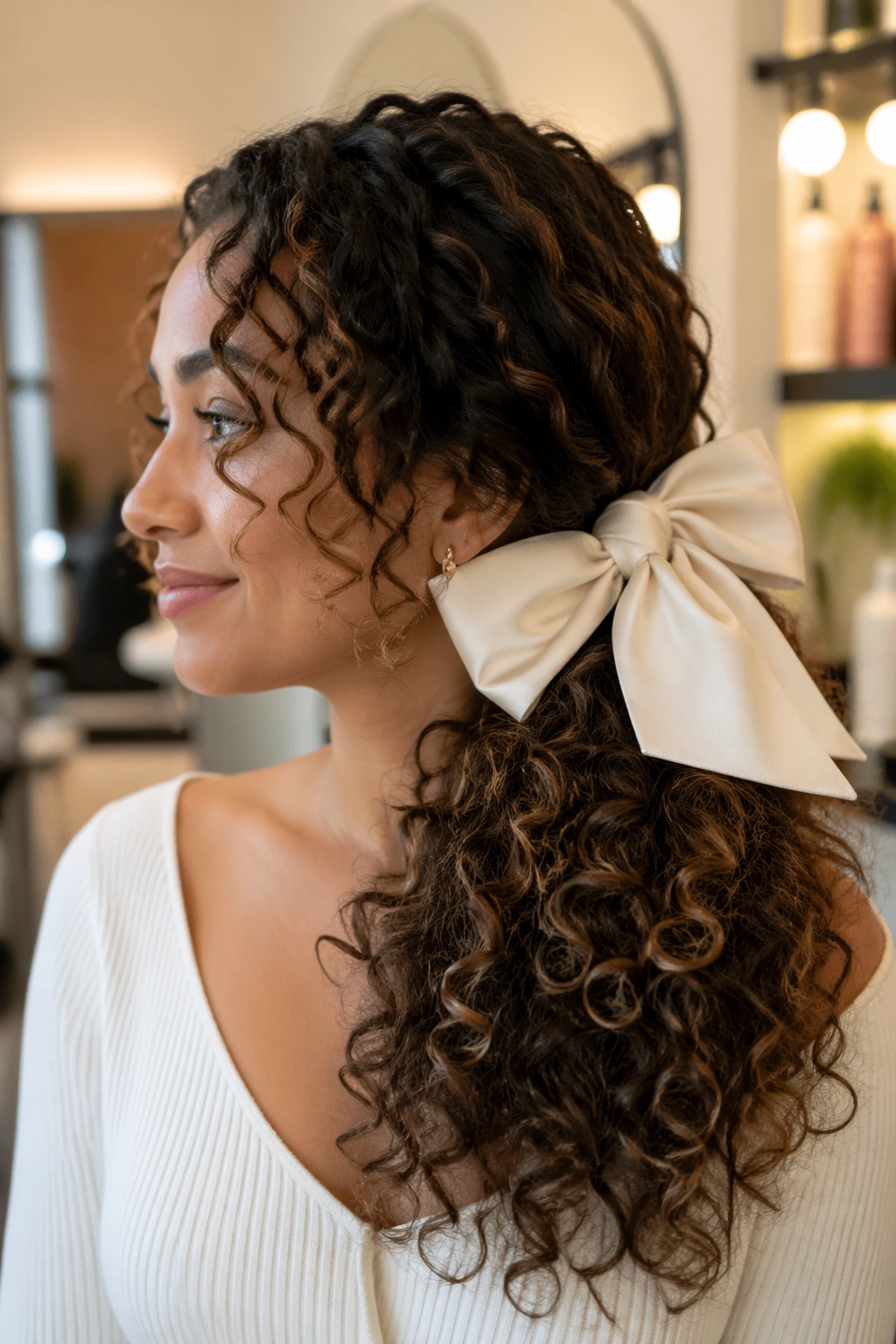 Close-up of a real woman with an oversized side bow ponytail