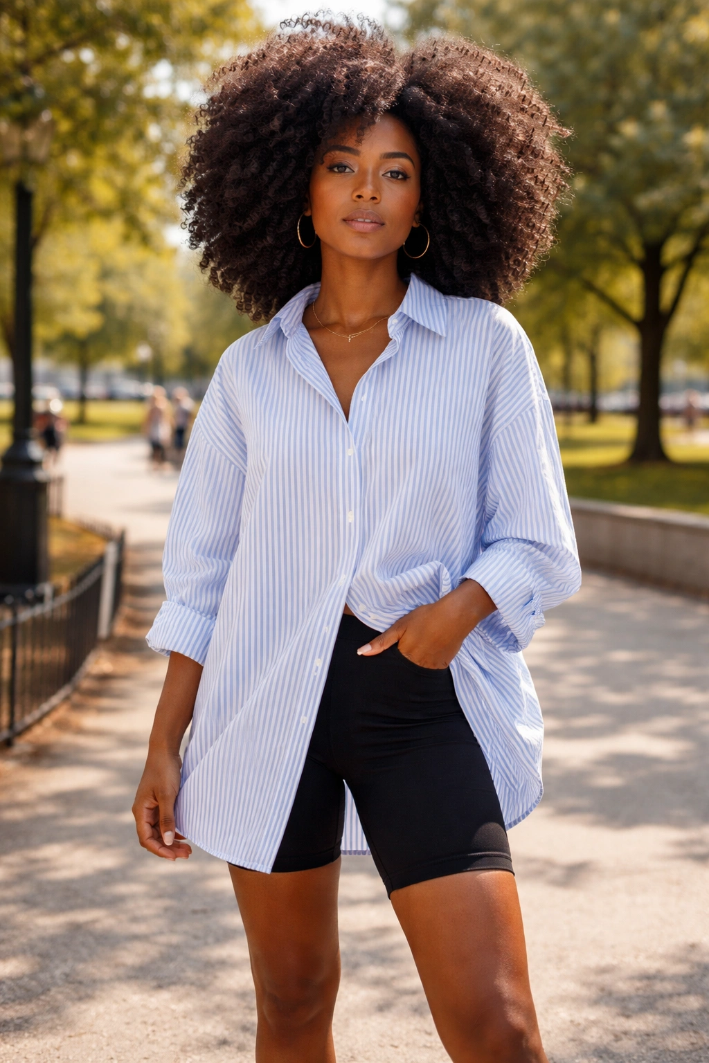 Real person in oversized striped shirt with bike shorts and Afro hair
