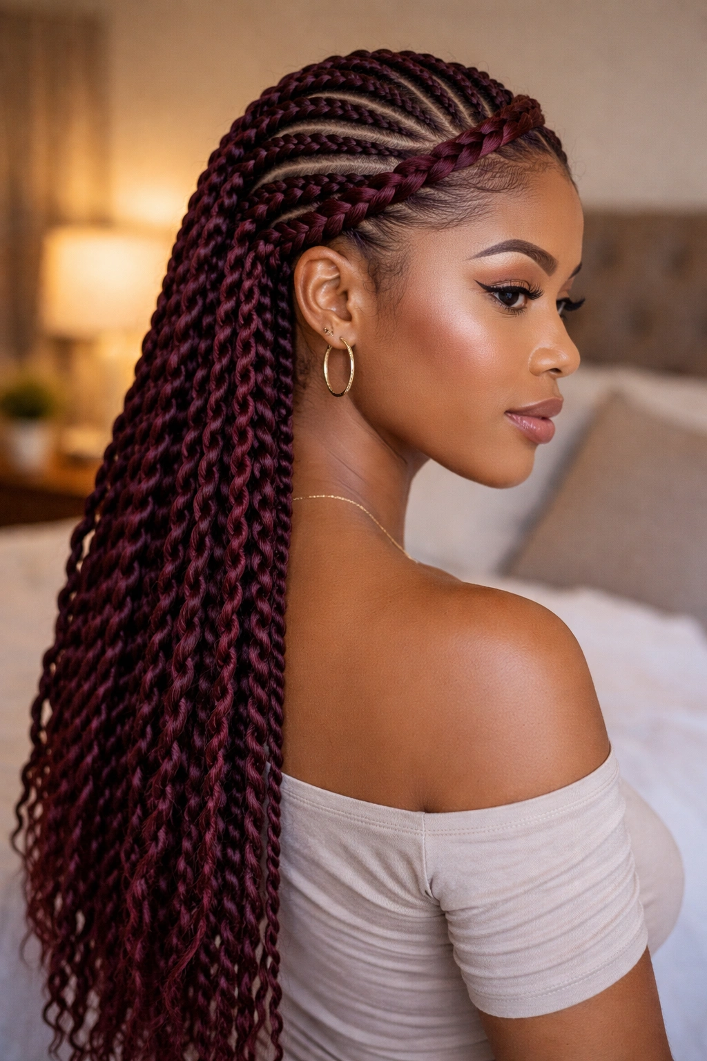 Profile view of oxblood crown with twist cascade on burgundy hair