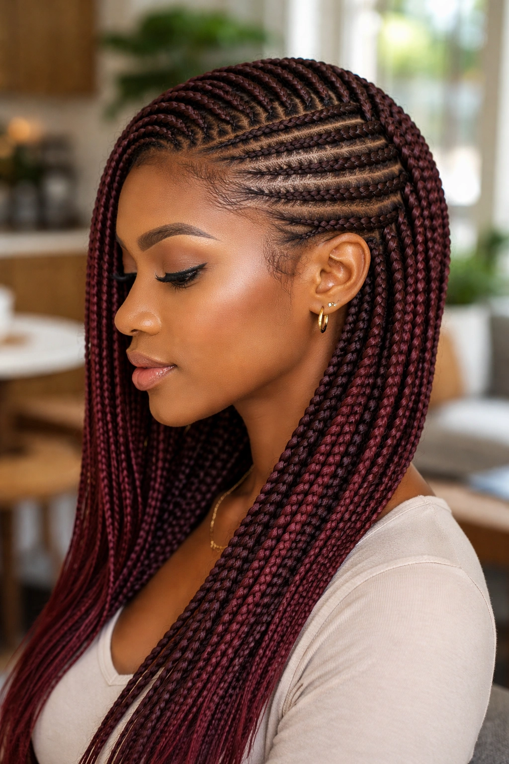 Side profile of woman with oxblood lemonade cornrows color depth
