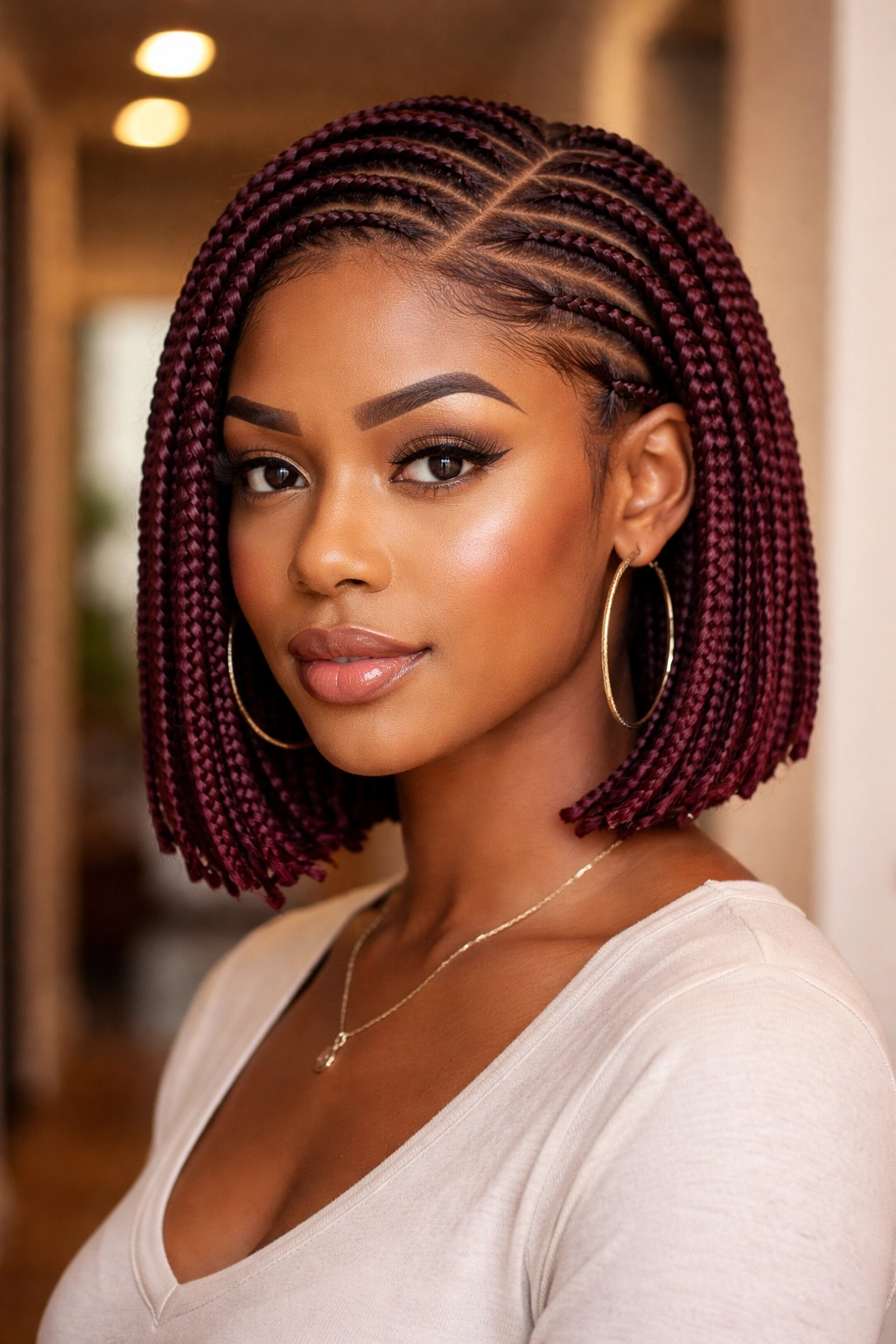 Close-up of a person sporting a chin-length oxblood stitch bob