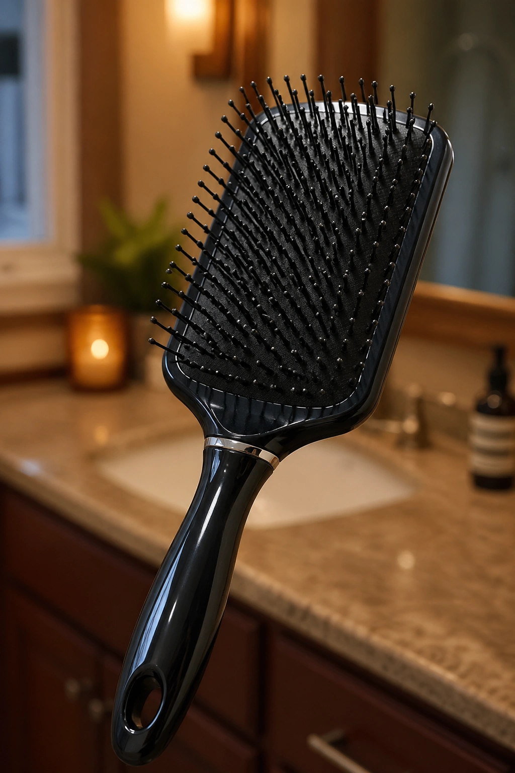Close-up of paddle brush with wide-set bristles in a bathroom