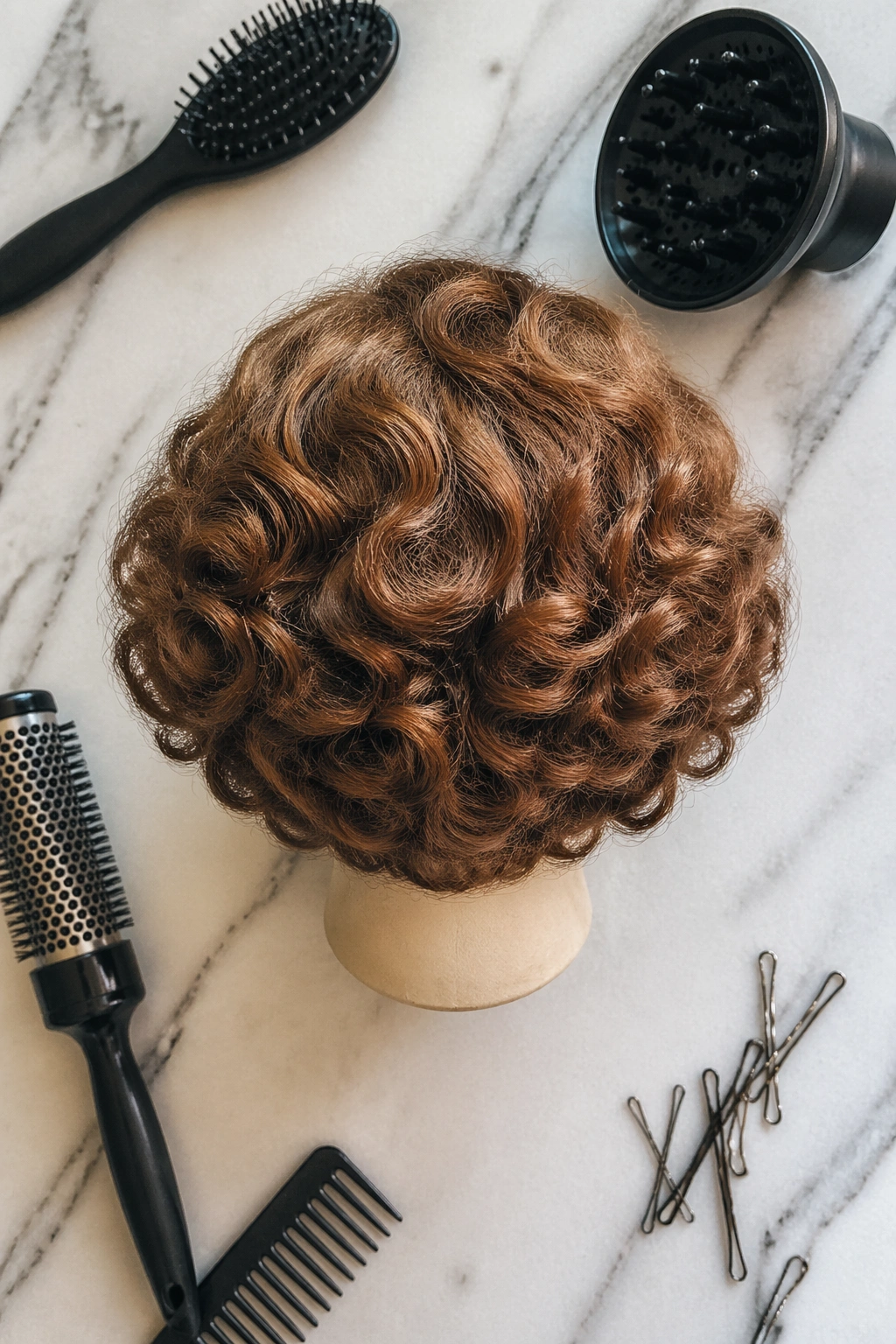 Overhead flat-lay of curly pageboy silhouette with styling tools