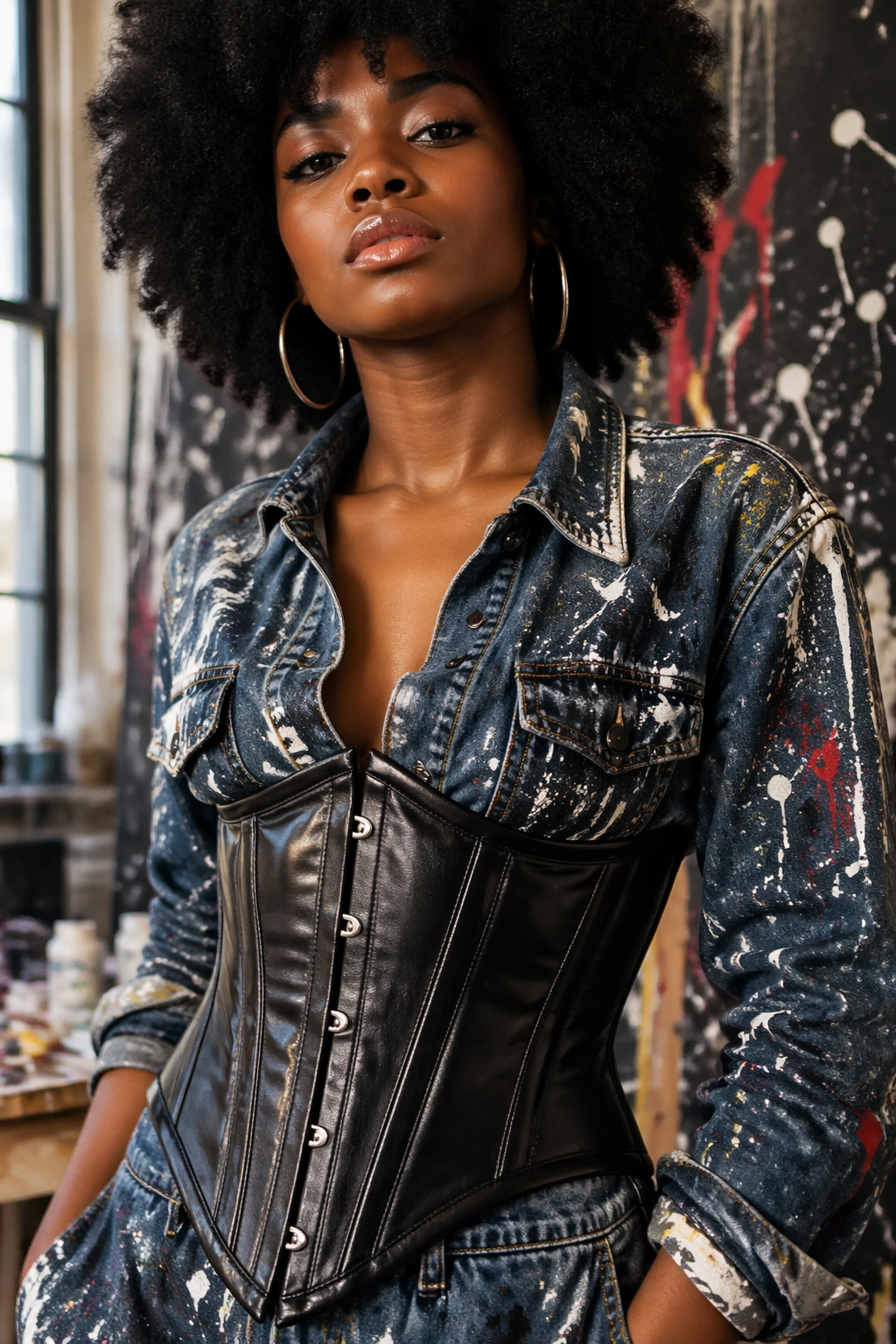 Torso-up image of a person in paint-splattered denim and a leather corset.