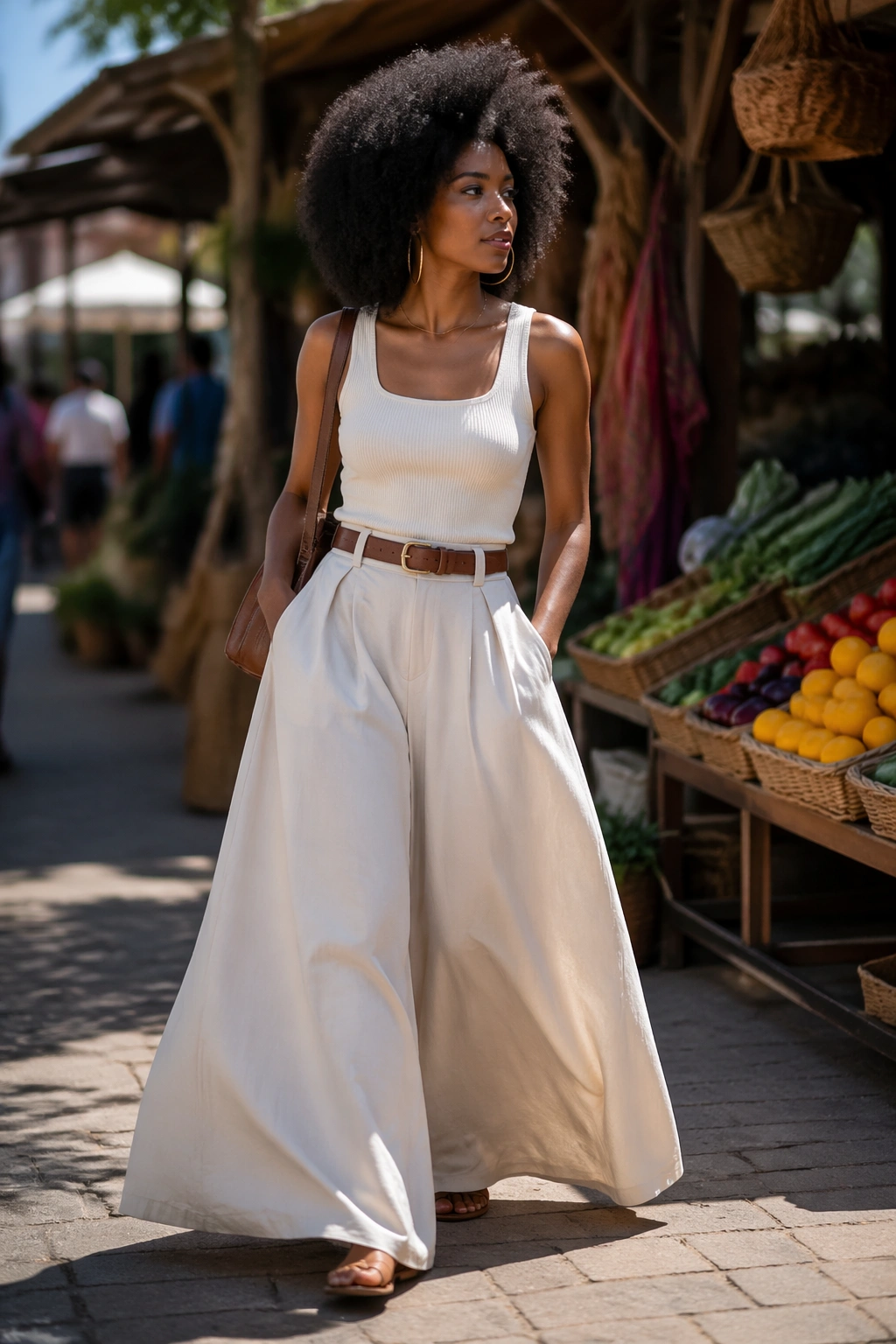 Model wearing wide-leg palazzo pants with fitted tank outdoors