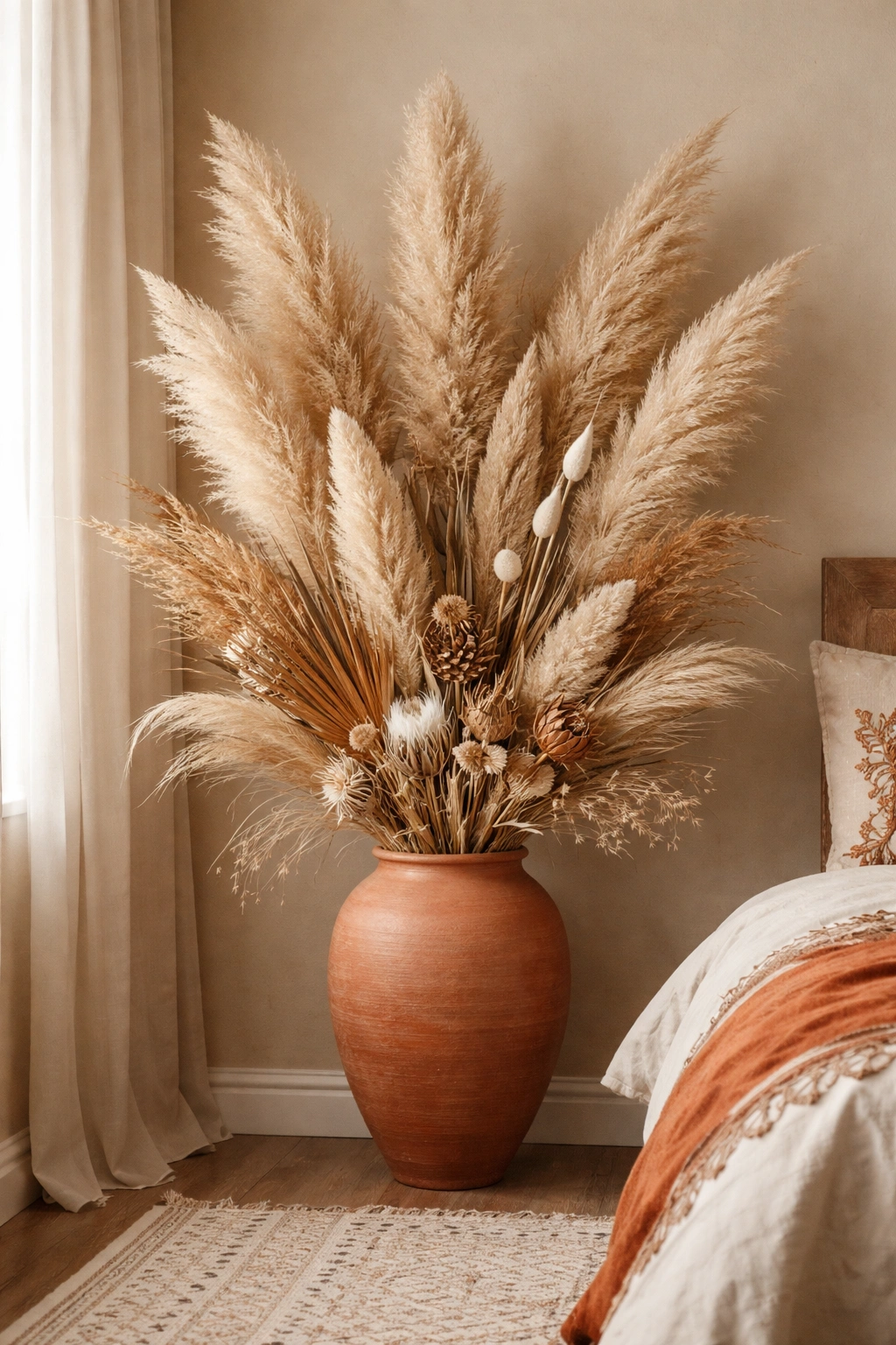 Large pampas grass arrangement in terracotta vase in a bedroom