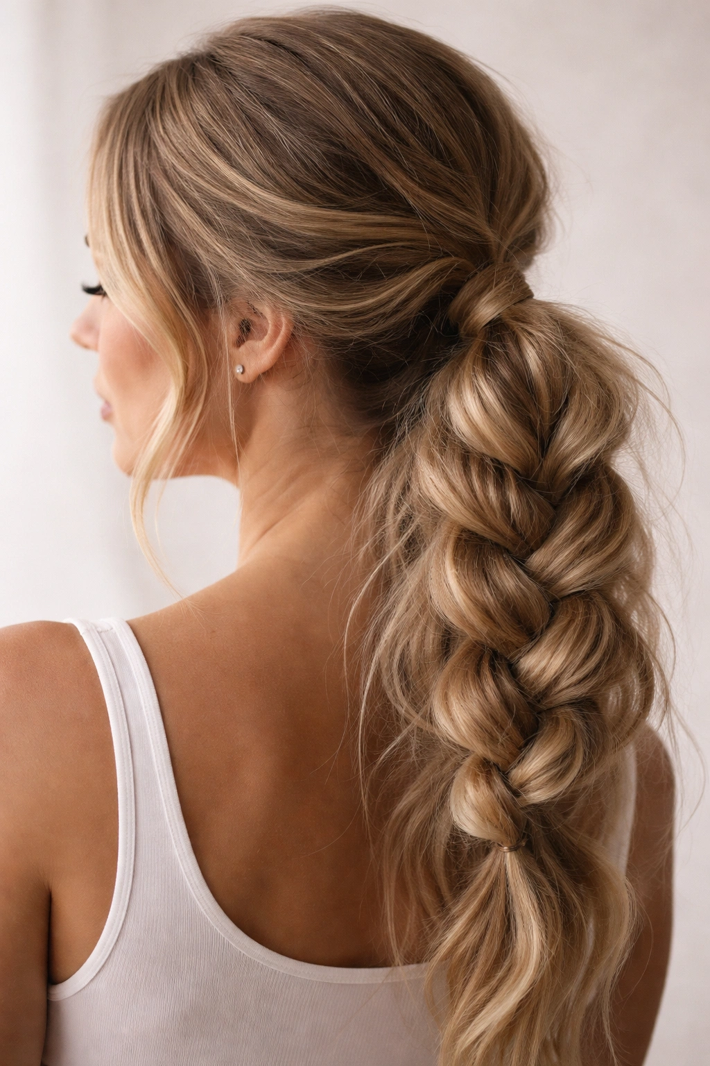 Braid ponytail with pancaked widened outer loops for fullness