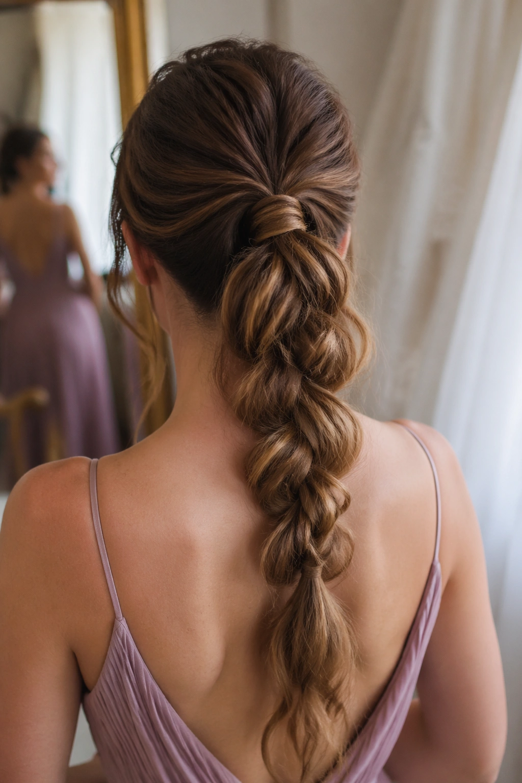 Over-the-shoulder view of braided ponytail with loose pancake braid in dressing room.