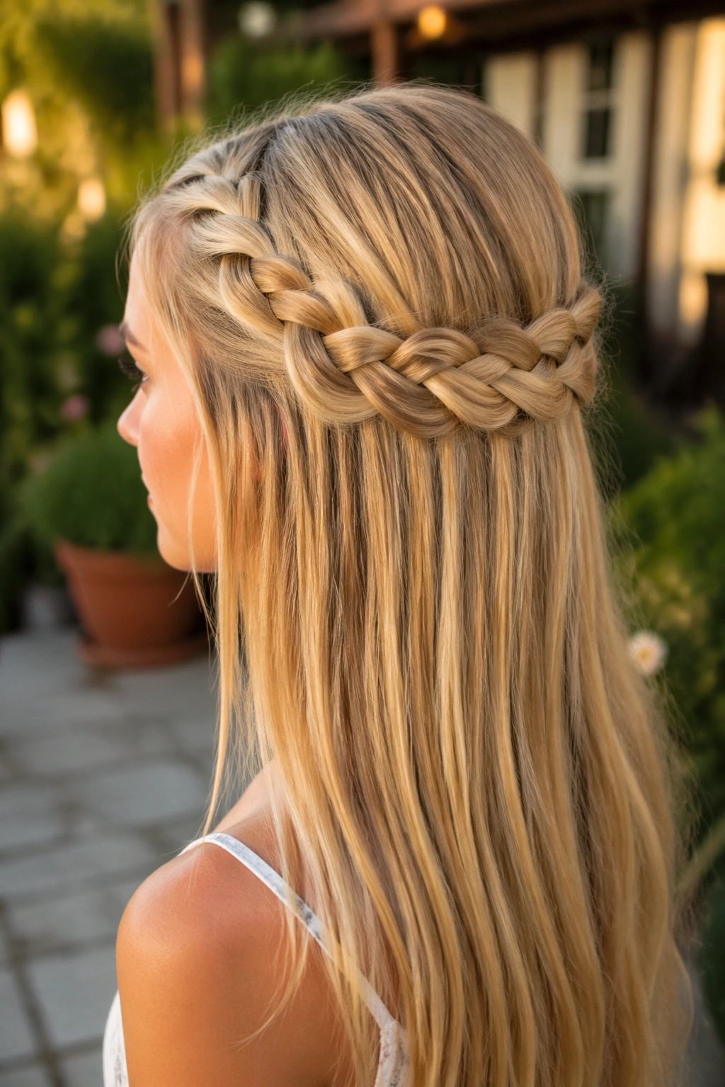 Close-up of a real woman with pancaked crown braid in golden hour garden