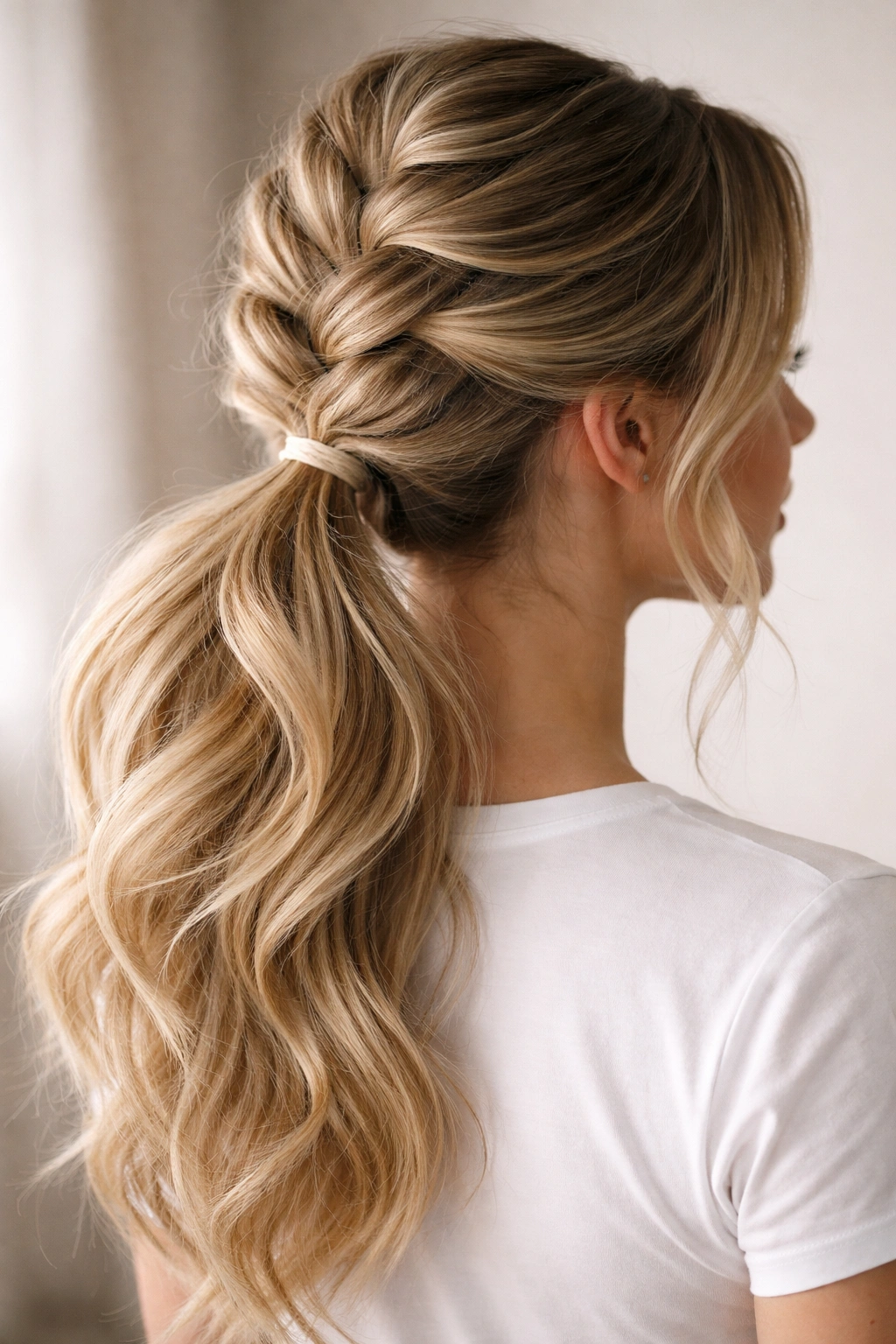 Relaxed pancake braids forming a loose French braid ponytail with soft lighting.