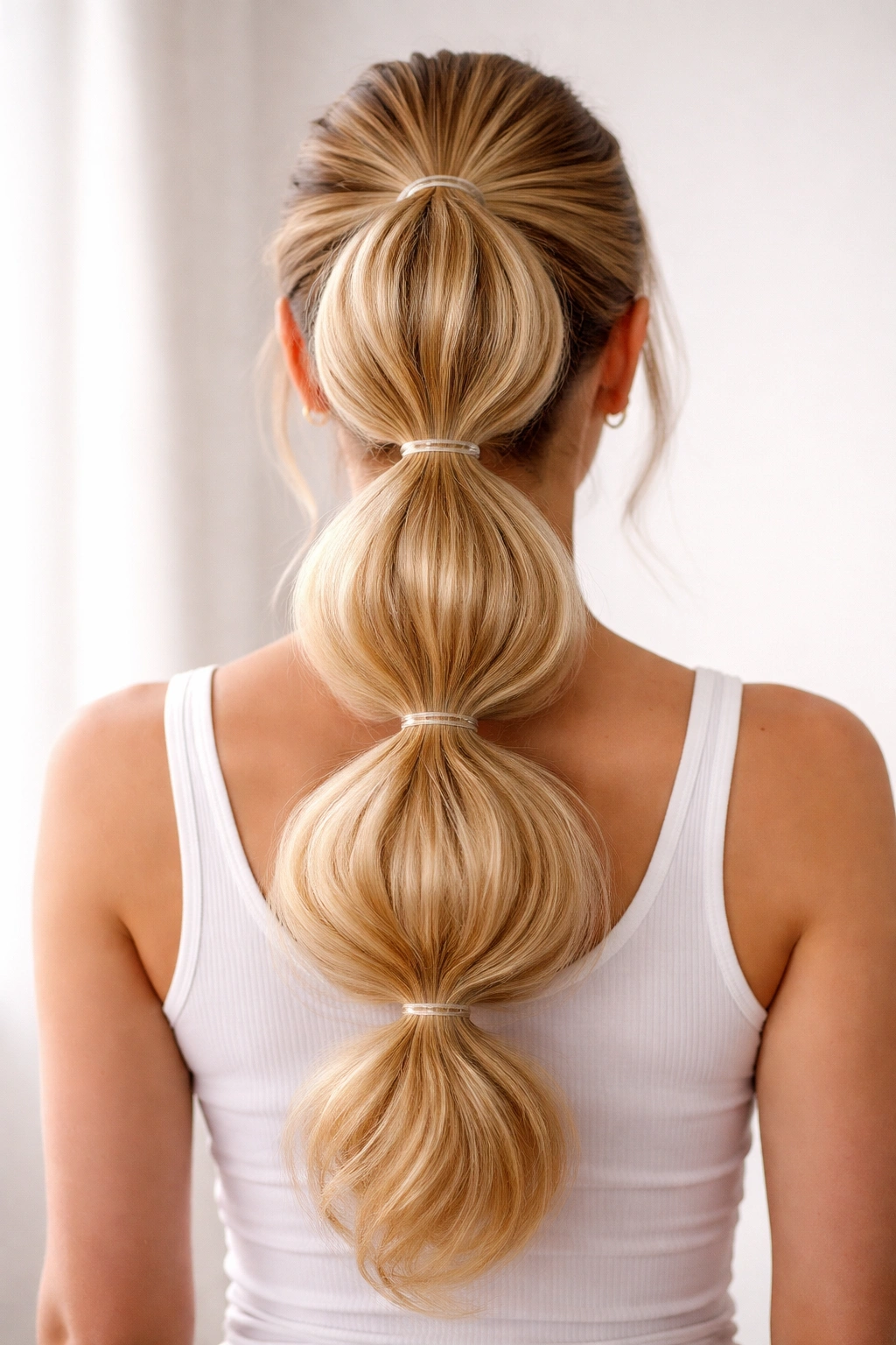 Back view of pancaked voluminous double bubble ponytail with widened rounded bubbles