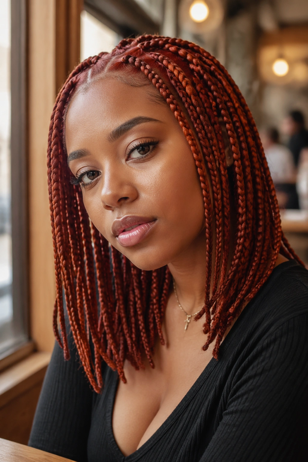 Close-up of shoulder-length paprika box braids on a real person