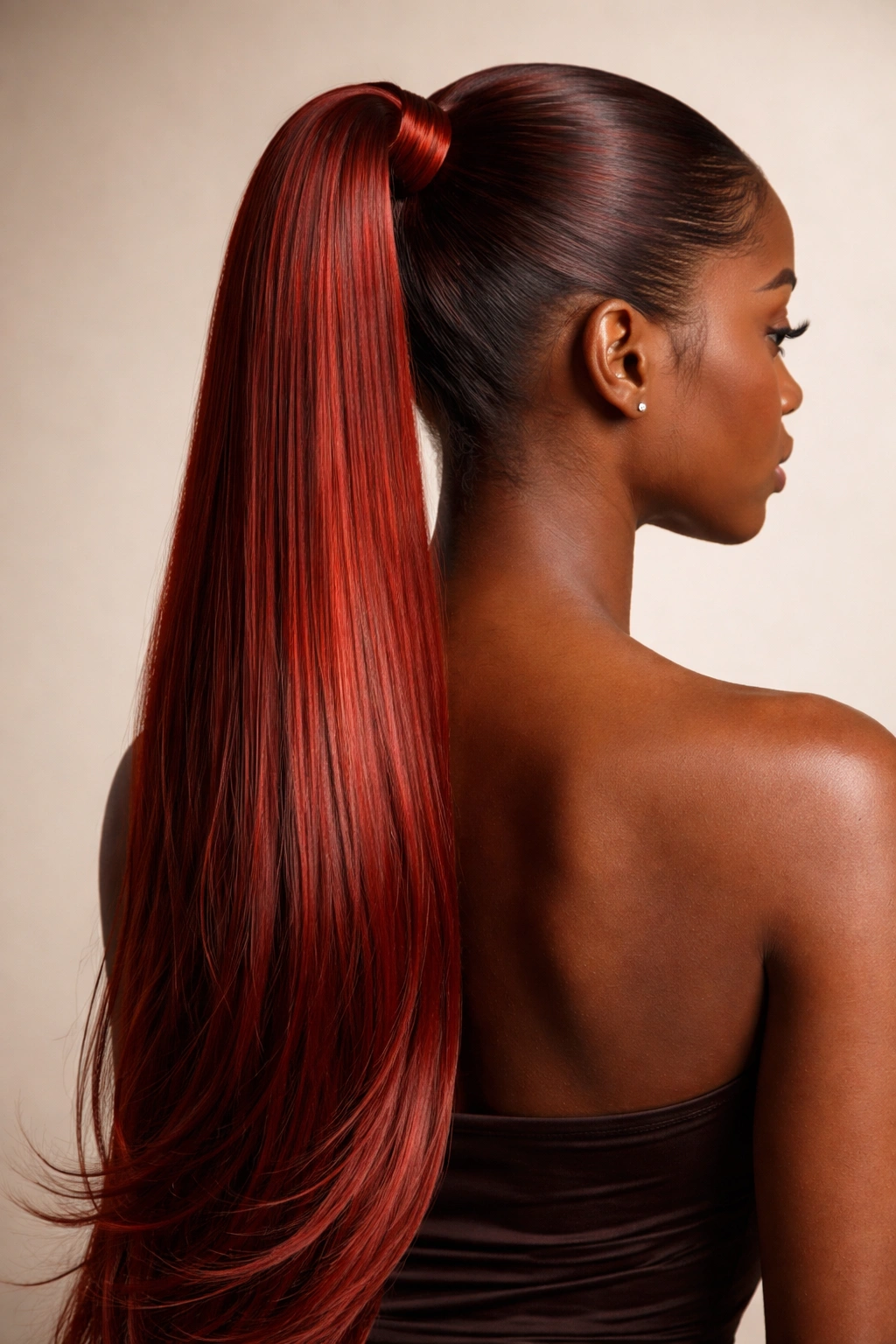 Back view of a paprika red sleek ponytail with a glossy straight finish against a neutral background