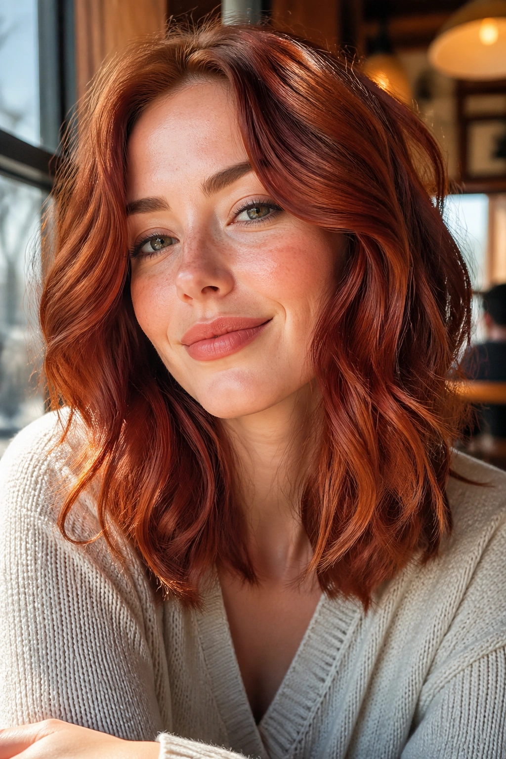 Close-up portrait of a real woman with paprika red waves and soft layers on shoulder-length hair
