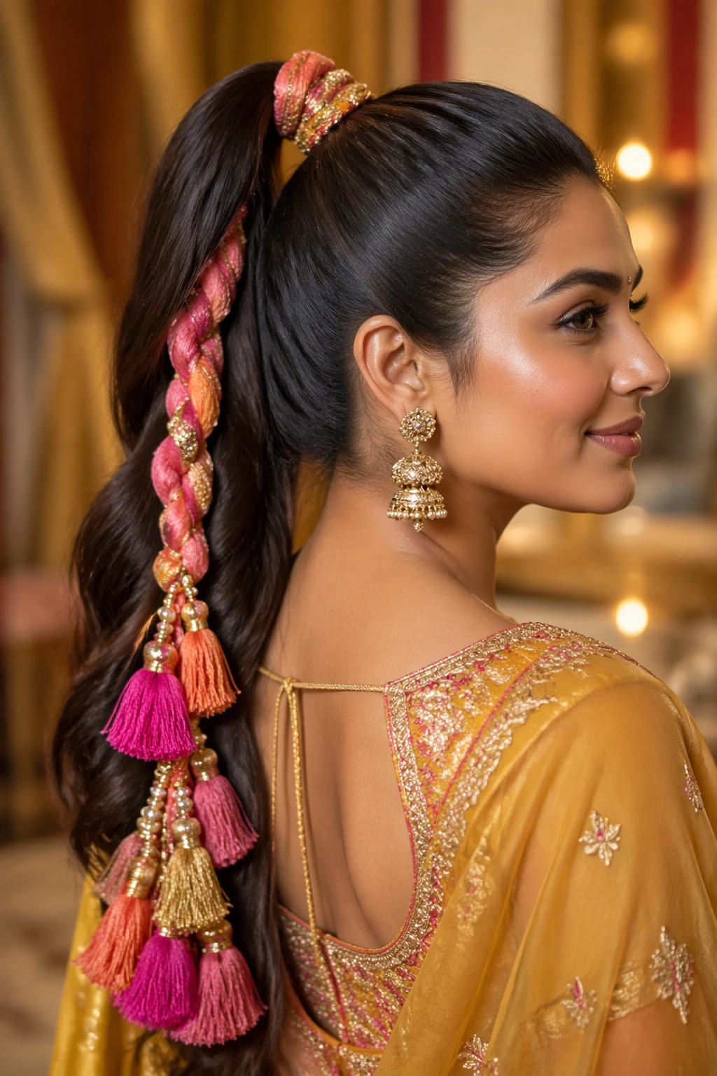 Real woman with paranda braided into a high ponytail for traditional flair.