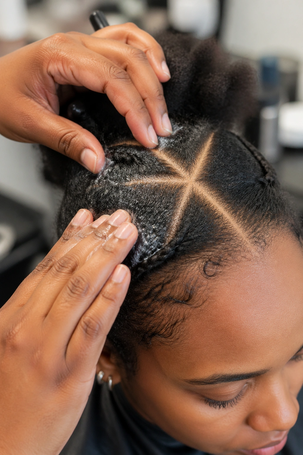 Close-up of scalp with crisp criss-cross parts being prepped in a salon.