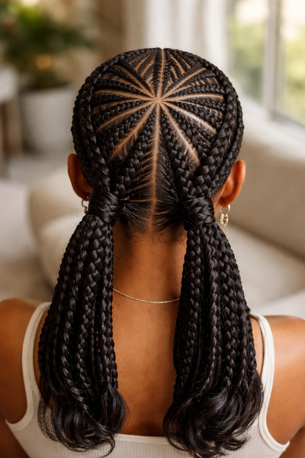 Ornate crown parting design on cornrows leading to two pigtails