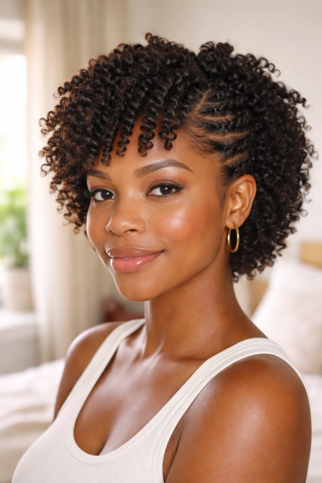 Real woman with partial twist-out on top and natural hair elsewhere