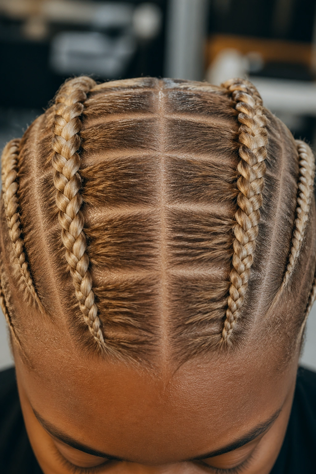 Straight part lines on scalp for stitch cornrows.