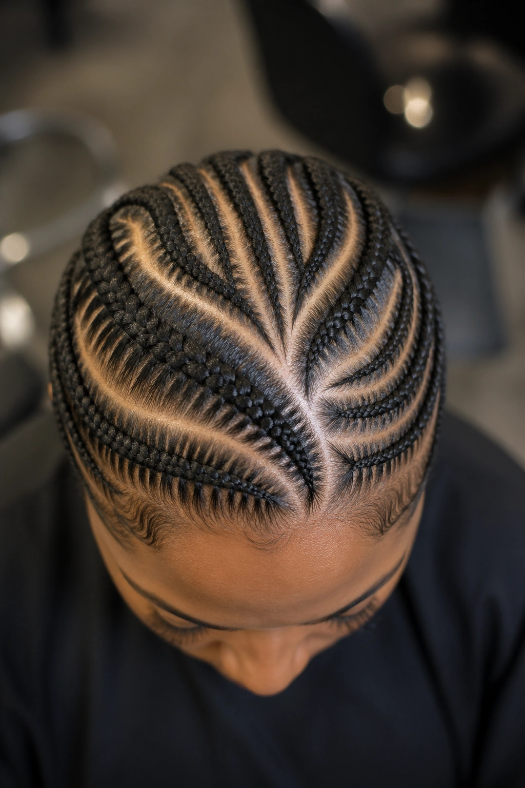 Top-down view of curved parting pattern on scalp for cornrows