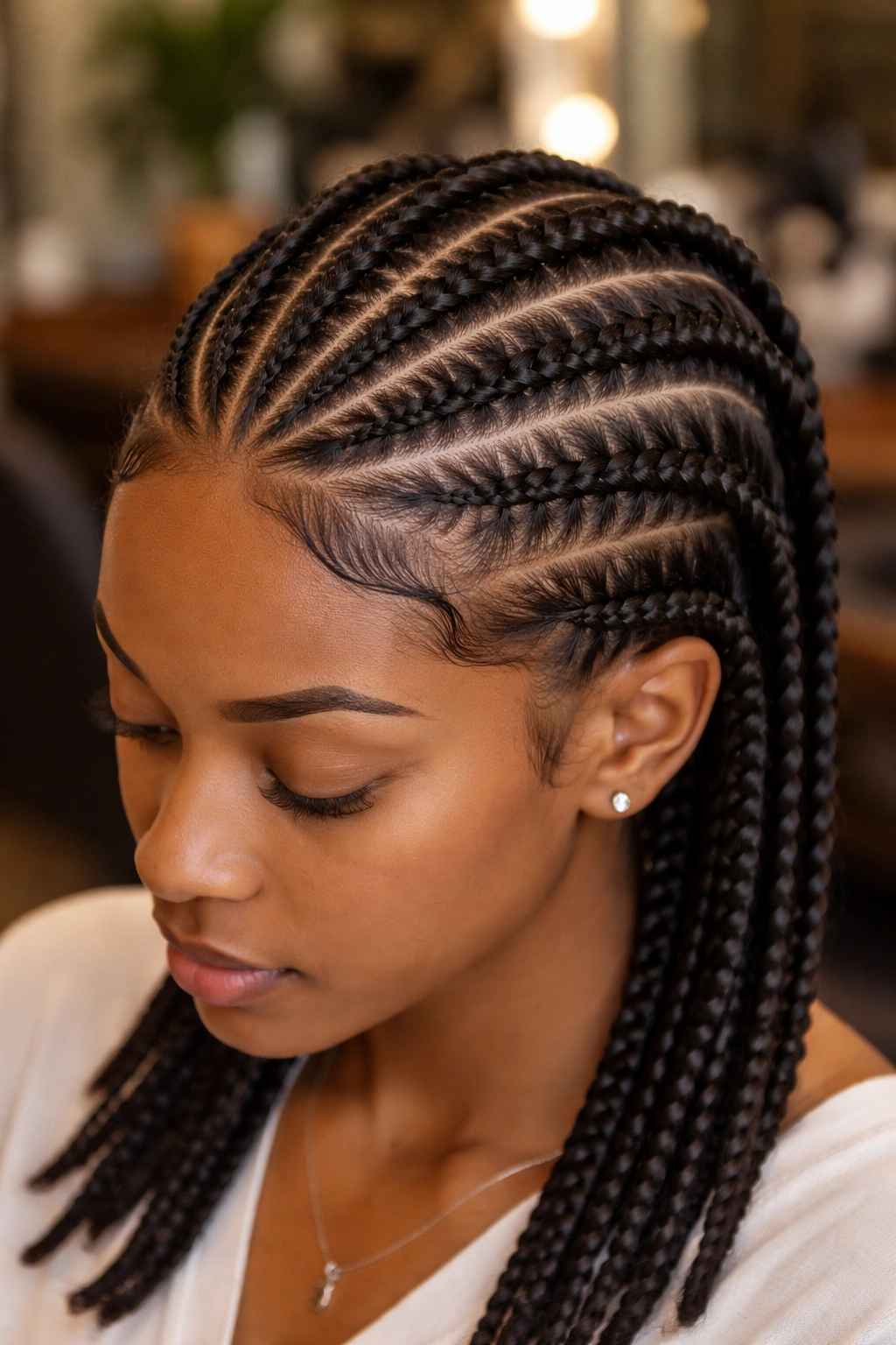 Close-up of scalp with precise part lines in cornrows
