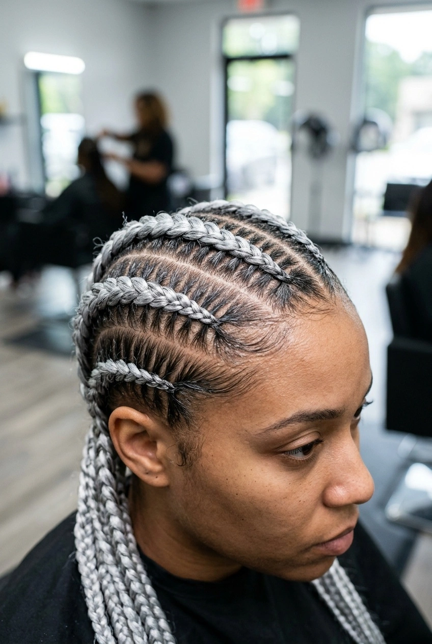 Close-up portrait showing a precise scalp parting in silver cornrows.