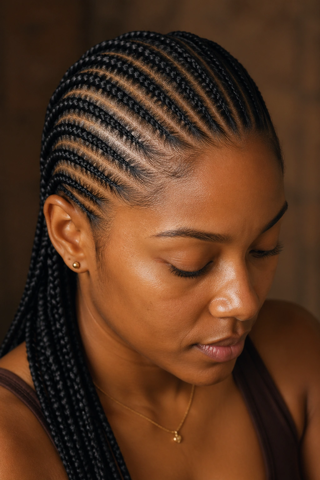 Real woman with all-back cornrows and single consistent parting direction