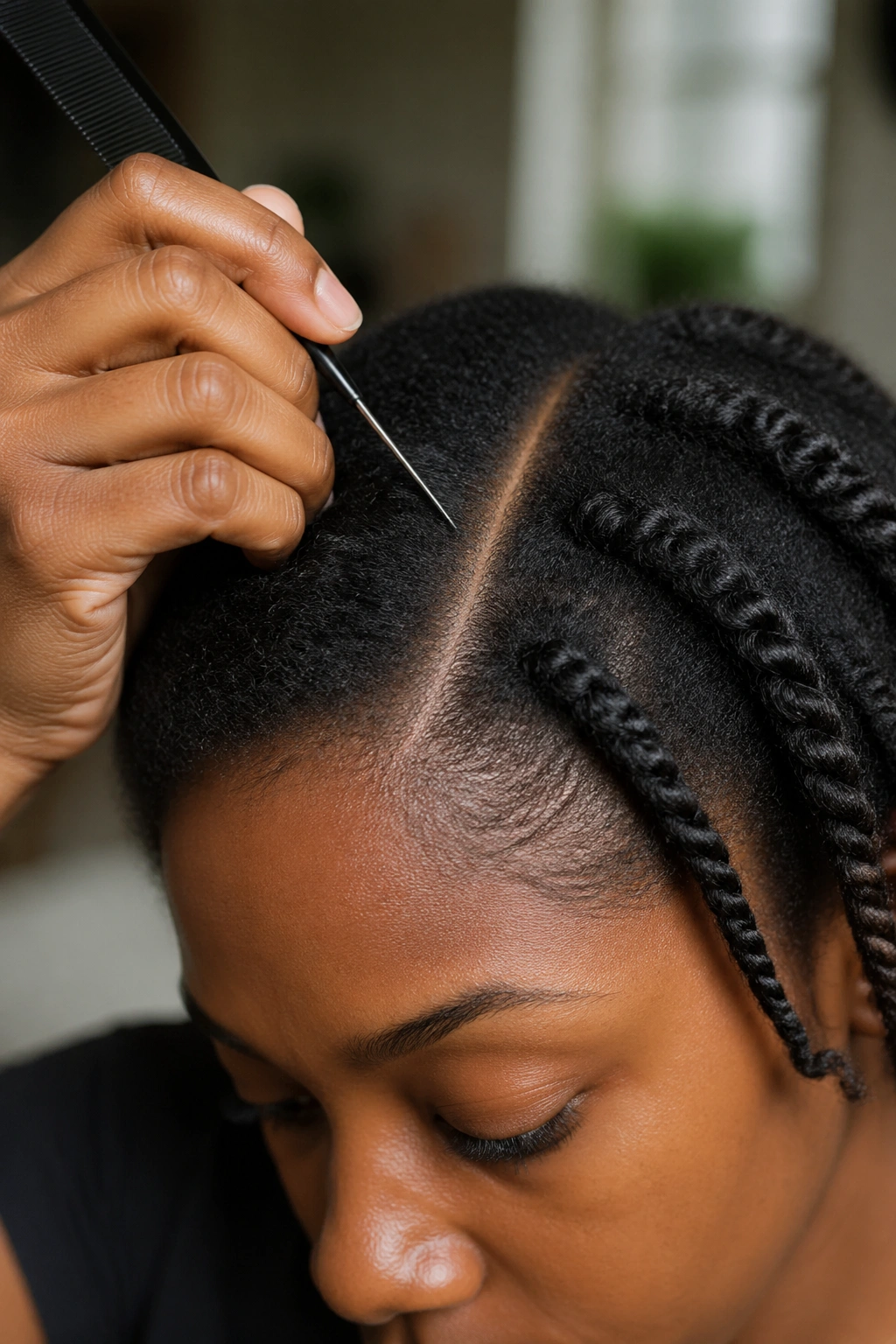Real person close-up showing a clean scalp part for twists