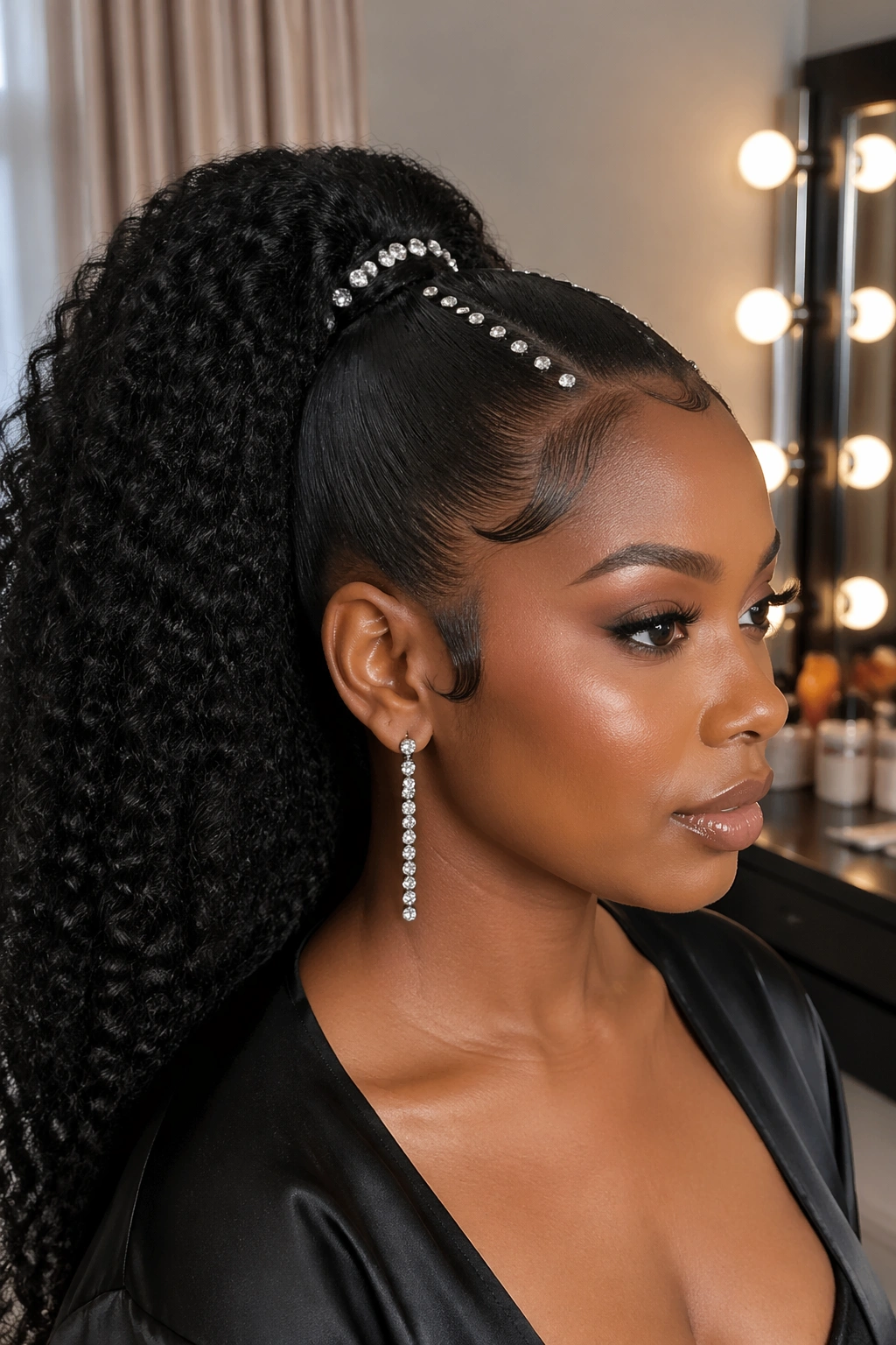 Close-up of a real person wearing a party ponytail with rhinestone pins