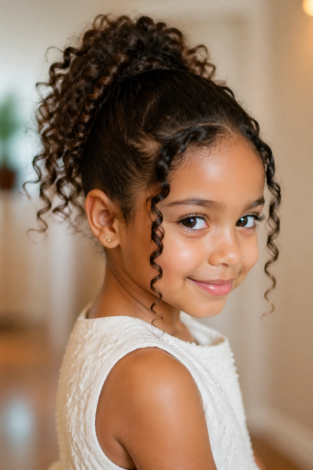 Close-up of a real child with a party ponytail and tendrils framing the face
