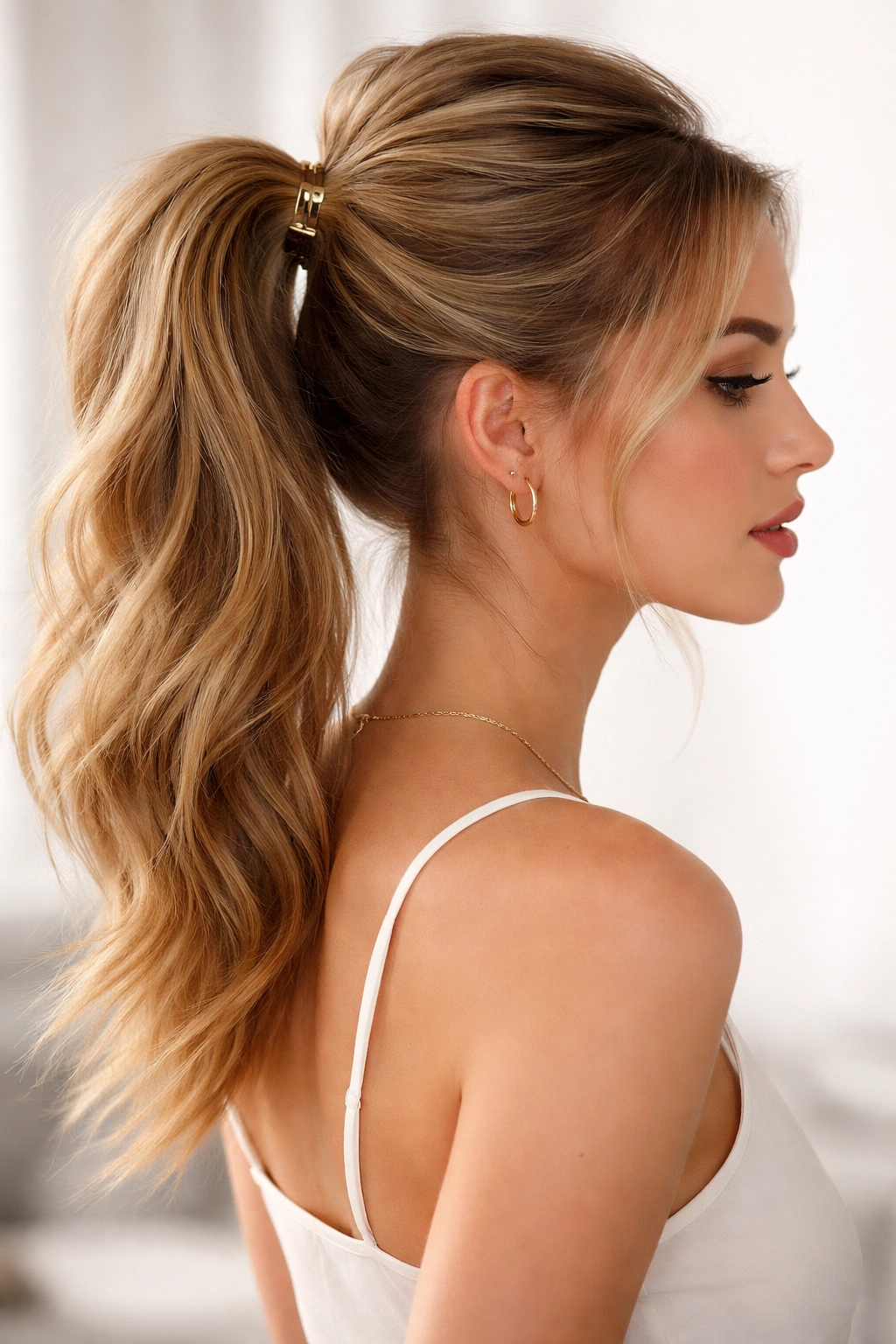 Party volume ponytail with crown lift and textured tail on straight hair