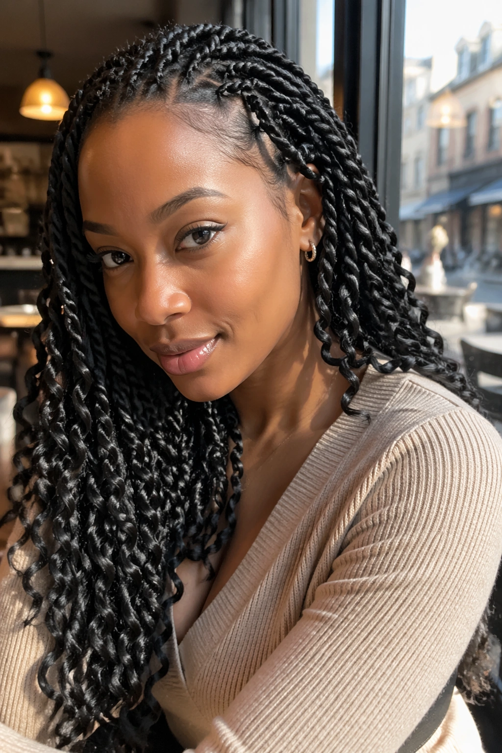 Close-up portrait of a real woman with glossy passion twists in a sunny cafe window setting