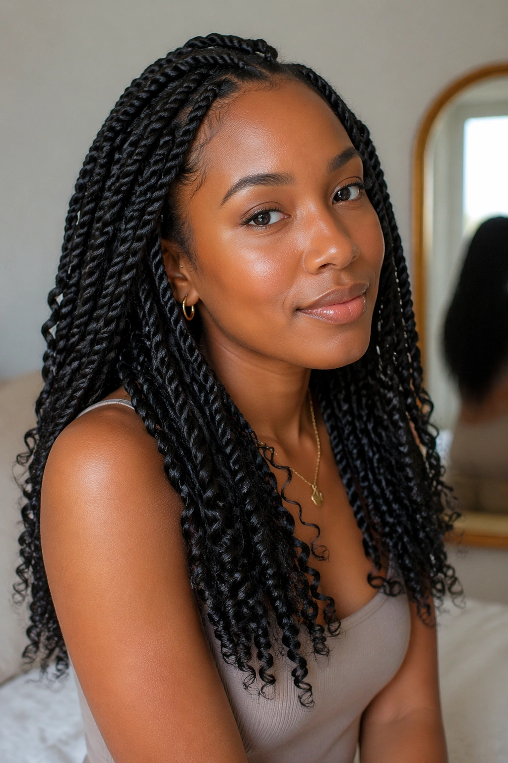 Close-up of a real woman with passion twist crochet ends, small twists and curly ends in warm window light