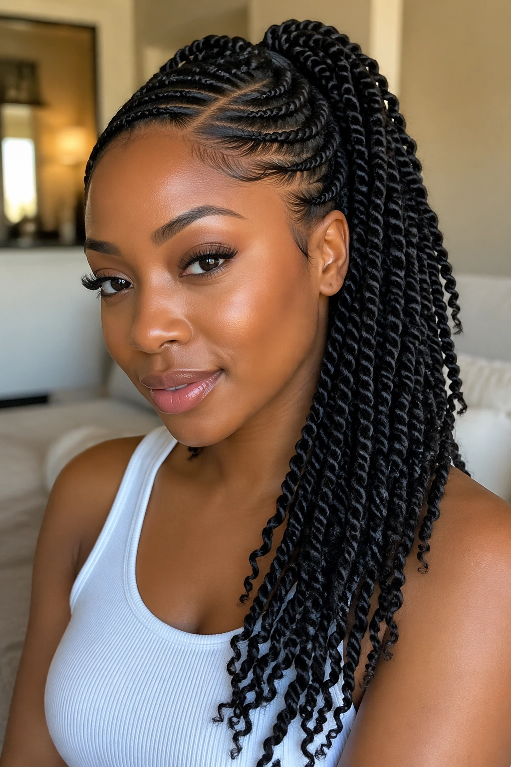 Close-up of passion twist side part ponytail on a real person with rope-like twists