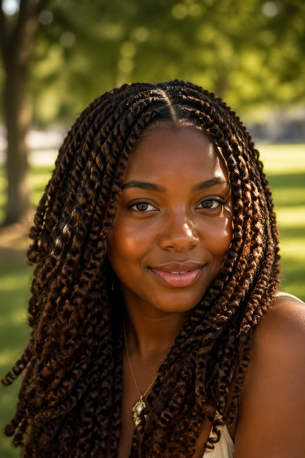 Close-up of a real woman with chocolate brown passion twists in a park