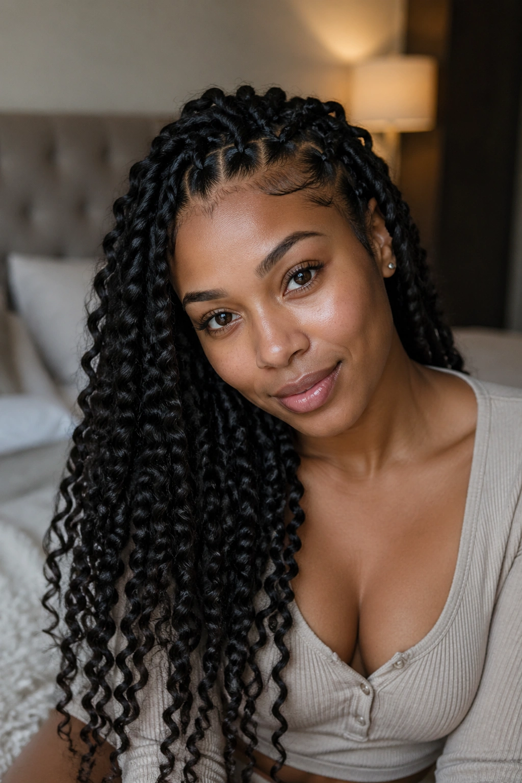 Close-up portrait of a real person wearing passion twists crochet hairstyle.