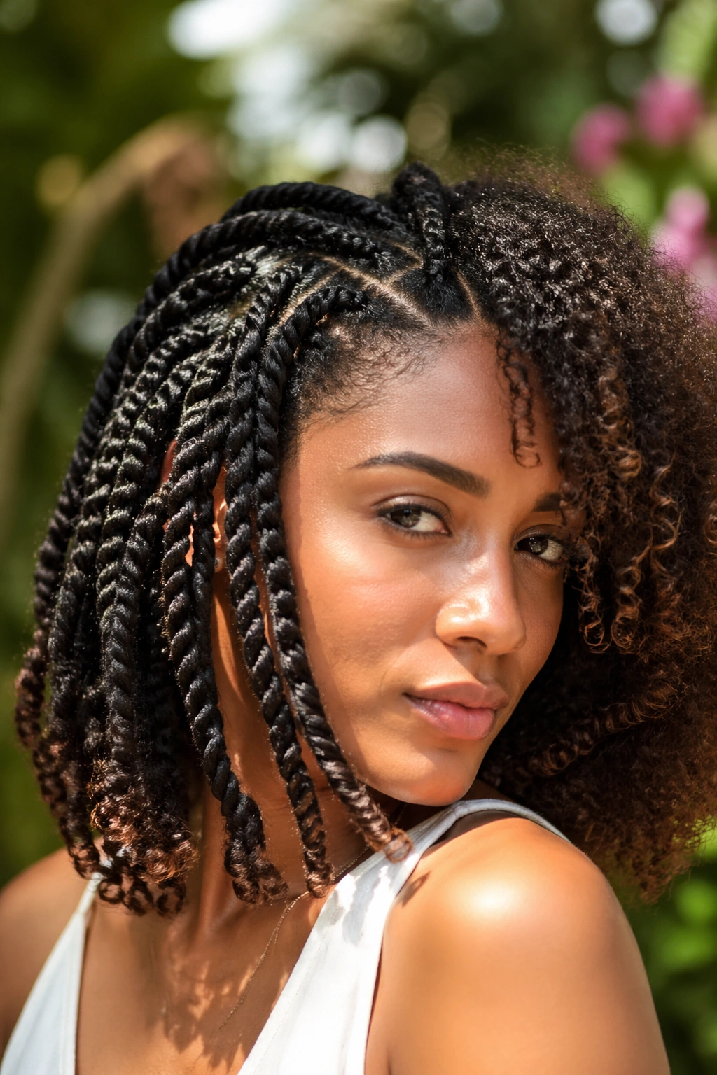 Close-up of passion twists blending with natural curls on a real person