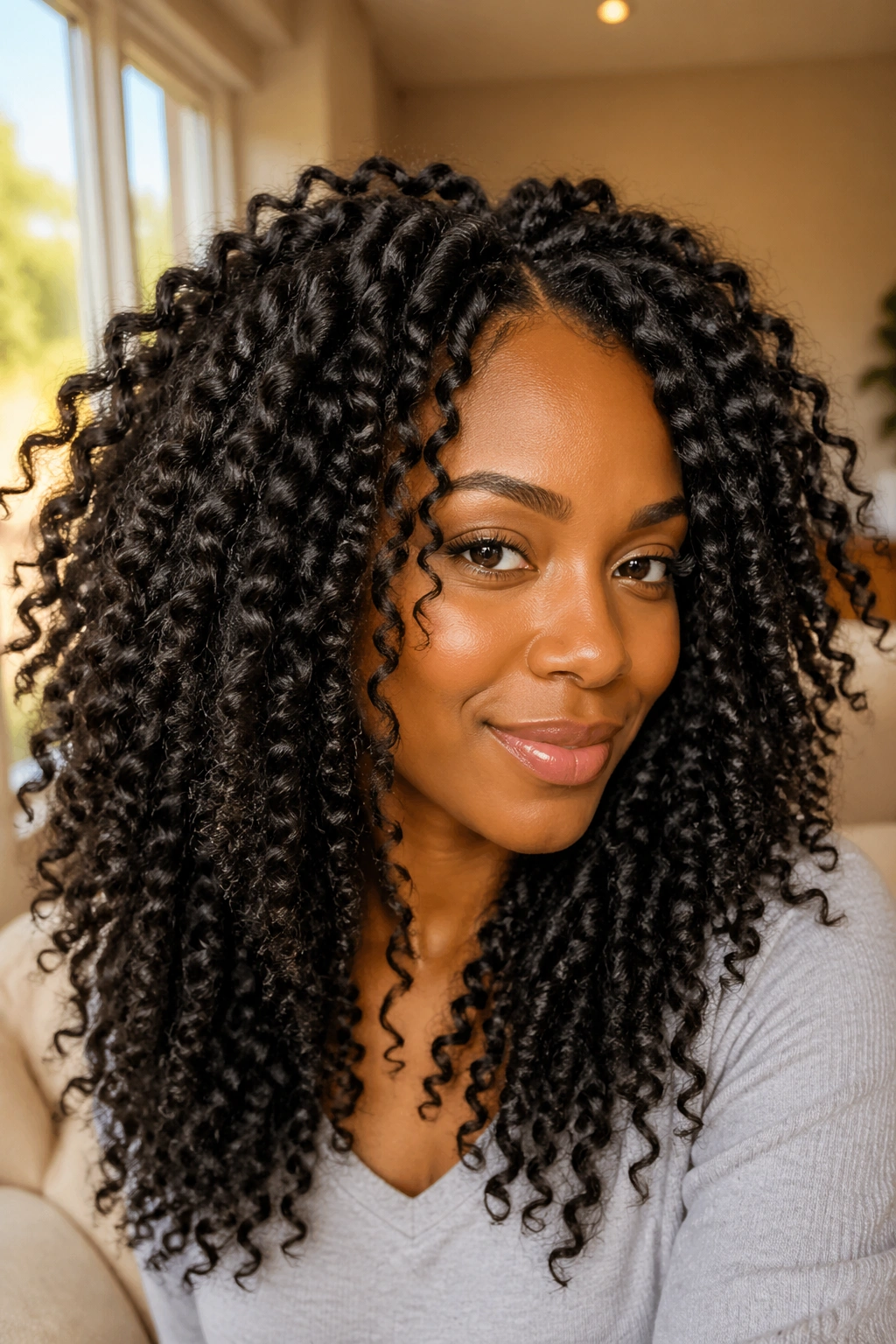 Close-up of a real woman with passion twists and voluminous curls in a cozy room, natural light