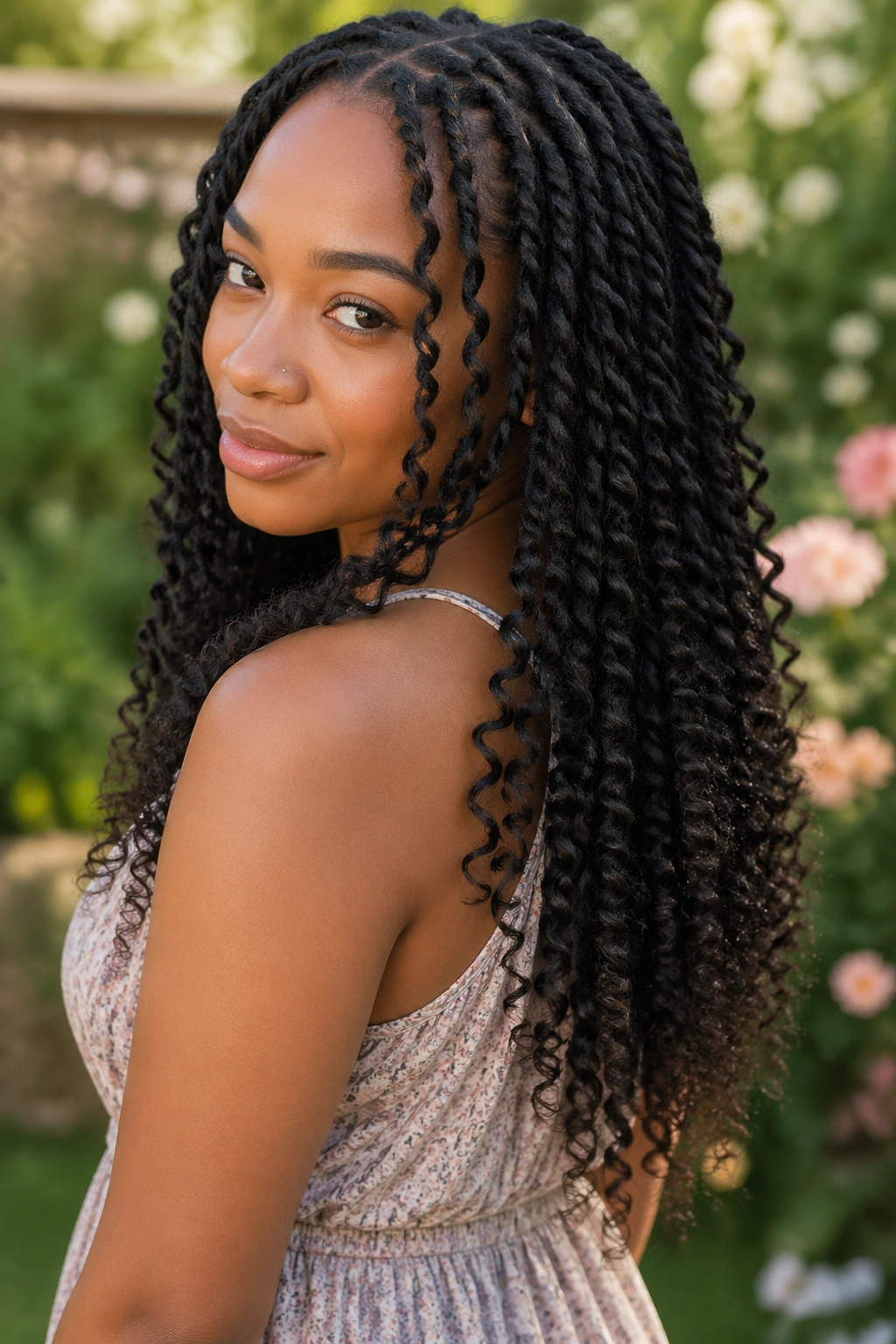 Real woman with passion twists and curly fiber ends in a romantic garden.