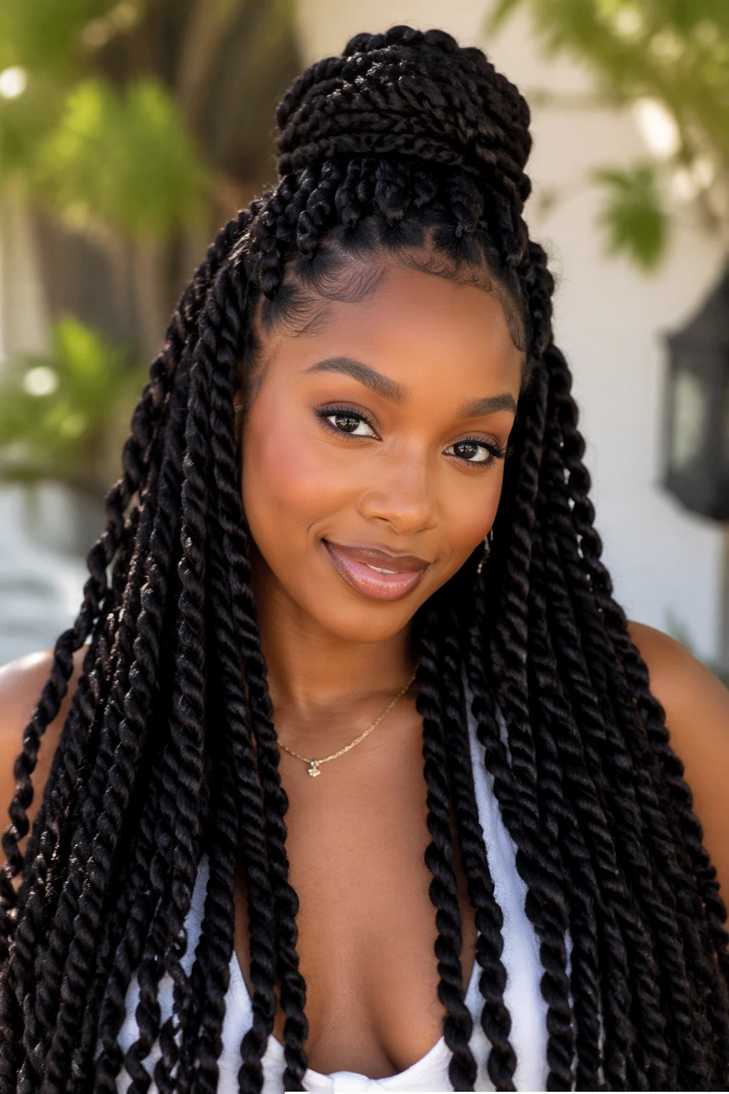 Close-up of real woman with jumbo passion twists half up half down