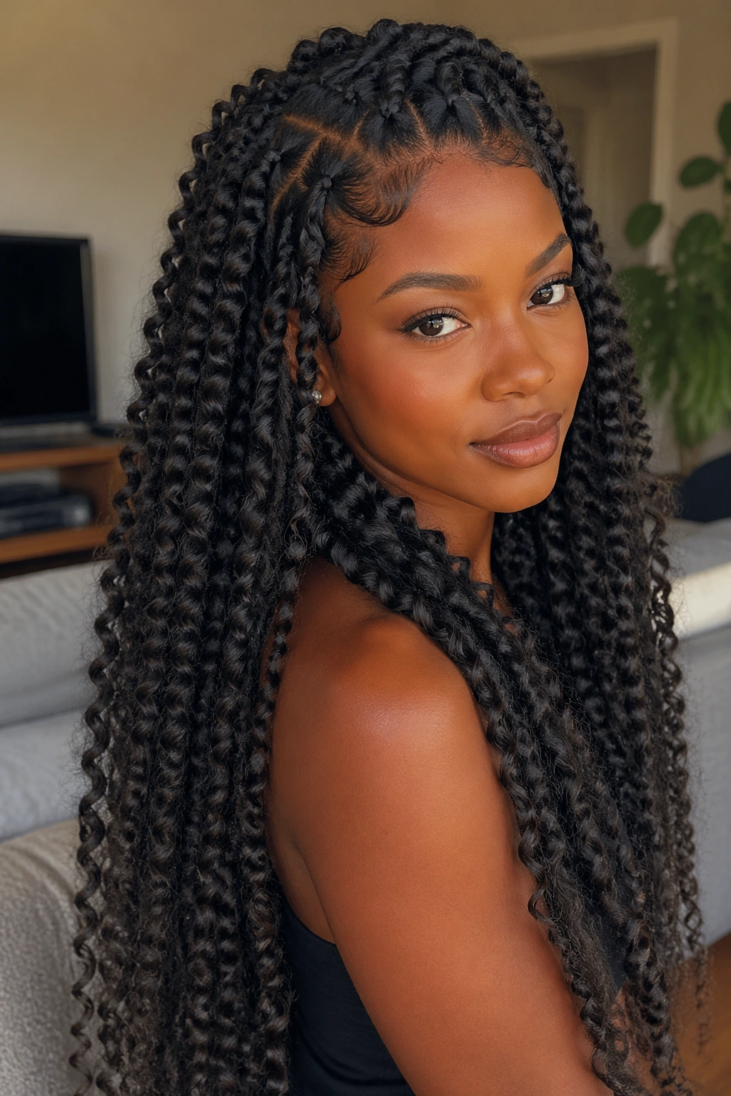 Close-up of a real woman with long passion twist braids (water wave extensions) catching light