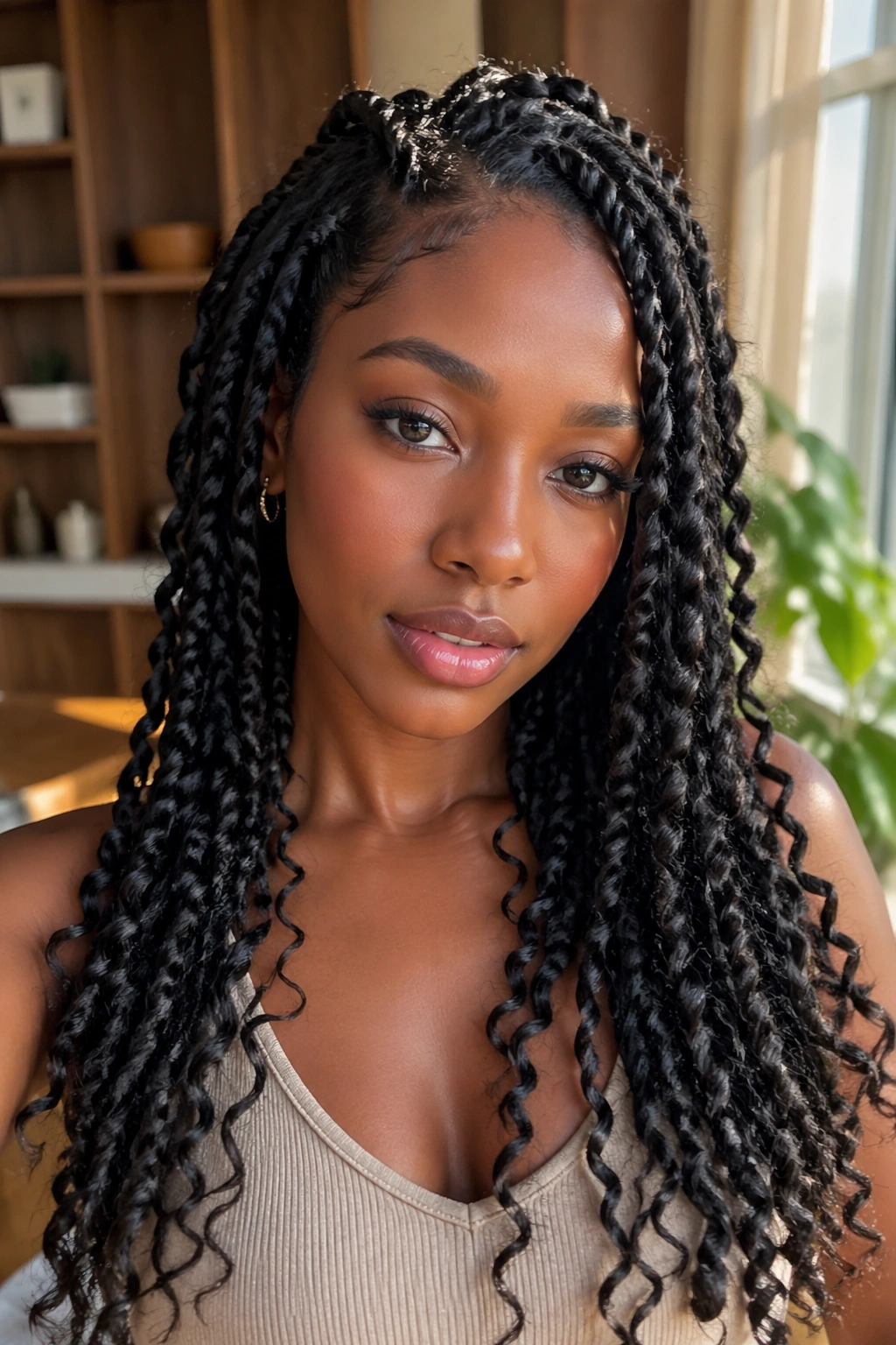 Close-up of a real woman with passion twists hairstyle in warm natural light