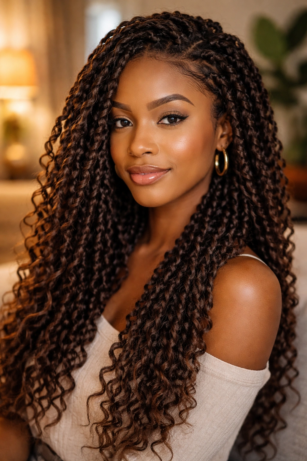 Close-up of a real woman with passion twists on thick afro hair in a cozy room.